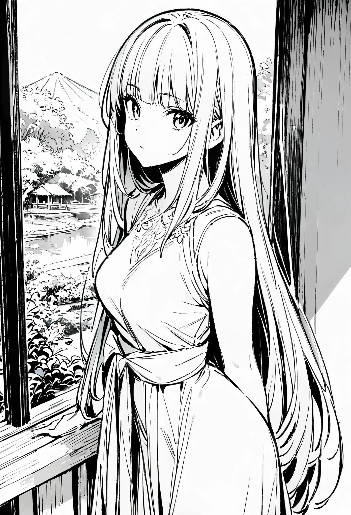 Masterpiece, Top Class, Unique, Line Art Background, White Background, Monochrome, Line Art, (Sketch)). (Best Quality: 1.2, Highly Detailed, Anime, Attention to Detail, Top Quality, Best Aesthetics), Slim figure: 1.4, Bust shot: 1.4, (Small Face), Girl in Beautiful Dress, White Hair, Hime Cut, Standing Upright on the Veranda: 1.5, (The Garden Has an Accurate Spring Flowing: 1.3), Japanese Countryside Scenery, Relaxed Time.