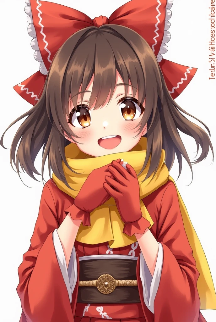 A beautiful young girl in an Ascotown, blushing, holding a bow, with brown eyes and brown hair, wearing a hair bow, hair tube, kimono, long hair, mittens, and a non-traditional miko outfit, in a 1 hour painting challenge, with an open mouth, as a portrait, with a red bow, red mittens, a scarf, side locks, on a simple background, alone, against a white background, with a yellow Ascot and yellow scarf.