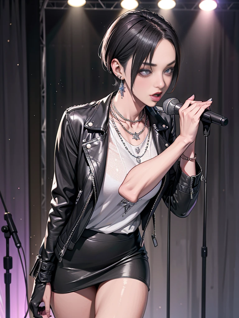 1，Black short hair，Photorealism，detailed，masterpiece， (Lean), Young Girls，Short leather skirt、Dark leather jacket，1，aldult, (Punk Girl)，Earrings、Lip Studs，Dark eyeshadow，high quality，Playing purple bass，band playing，microphone，High resolution 4K information,stage，Cold，Gorgeous lighting