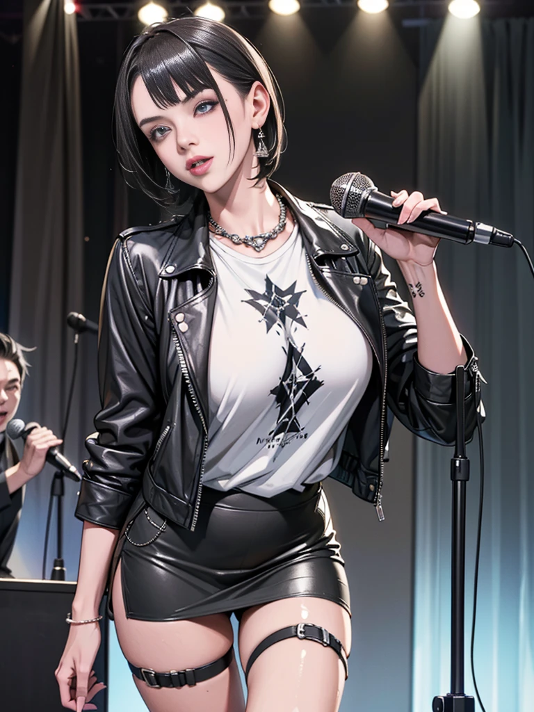 1，Black short hair，Photorealism，detailed，masterpiece， (Lean), Young Girls，Short leather skirt、Dark leather jacket，1，aldult, (Punk Girl)，Earrings、Lip Studs，Dark eyeshadow，high quality，Playing purple bass，band playing，microphone，High resolution 4K information,stage，Cold，Gorgeous lighting