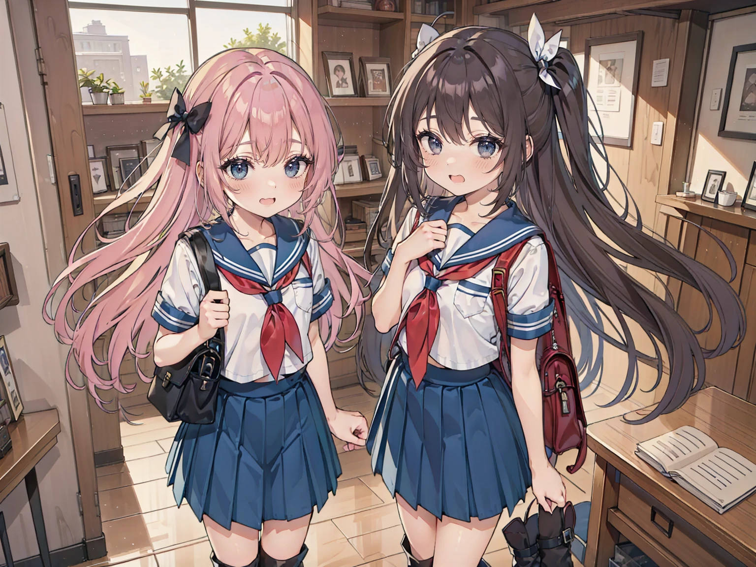 Anime Style、Storytelling、、beautiful girl、とてもcute天使、Red school bag、cute、Baby Face、smile、Long skirt、Black long boots、Very cute headband、Very cute dress
