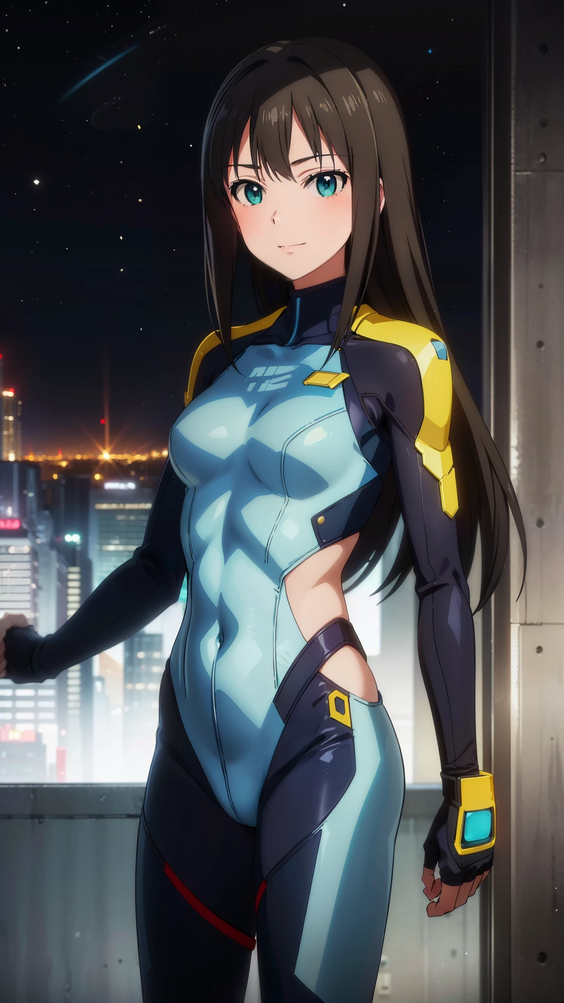 (masterpiece、Highest quality、In 8K、High resolution:1.2)、alone、One Girl、 Rin Shibuya, smile、Cowboy Shot、Look at the viewers、Hero Suit、Blue bodysuit、Tight suit、{{Trained abdominal muscles}}、{Trained biceps}、(building:1.2)、Night view