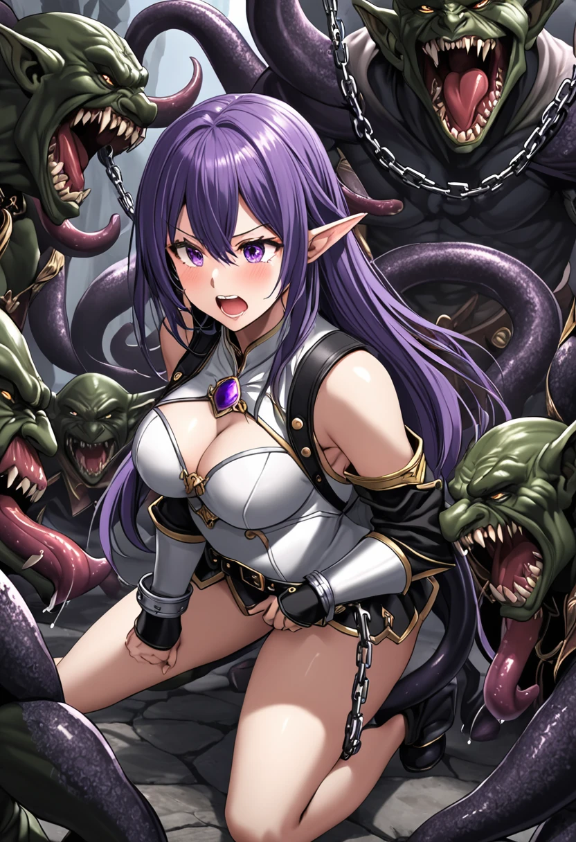 Highest quality、rape、Captured by mutants、Surrounded by mutants、defeat、Beautiful woman with very long purple hair、(Stick your butt out、Leaning forward:1.1) 、is up、BDSM quee、chains、Handcuffs、White Armor（big-chest、muscle body、fitness body、big round is、Off the shoulder、Sleeveless、No elbow pads、belly button、High Leg、Exposed thighs）、White Armorのブーツ、Tears overflow、Frightened expression、（her young son kneeling and see，helpless，cant help her，Desperate eyes）、Attacked by goblin 1:5、Many violent goblins 1:5、The goblins grabs him by the arm.、 lick by goblin、lick her face、Legs、is.　goblin attacks from behind、goblin grabs leg、goblin with tentacles、Long tentacles、goblin Swarm 1:5、darkness、Different world、Dark fantasy、Pitch Black Hell