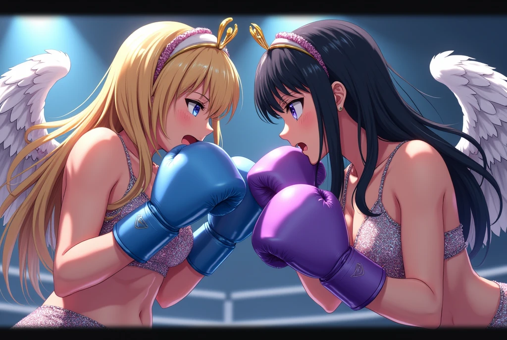 (best quality,4k,highres,masterpiece:1.2),ultra-detailed,(realistic:1.37) A pair of cute, athletic, exotically dressed with bright colors, Japanese women, wrestle each other in a stadium wrestling ring,under the dazzling lights. The women have intricate face paint and wear vibrant costumes that showcase their individuality. They have (long, flowing hair), and their eyes are (expressive and captivating:1.1). The ring is surrounded by cheering spectators who are on the edge of their seats, adding to the atmosphere of excitement. The stadium is filled with top-notch studio lighting that highlights every muscle and movement of the wrestlers. The scene is depicted in a (striking, vibrant:1.1) art style, with intense colors that enhance the energy and fierceness of the wrestling match. The lighting casts dramatic shadows and emphasizes the power and determination of the wrestlers. The women exhibit exceptional strength and agility as they engage in various (graceful balletic movements) and (powerful throws). The intensity of their match is enhanced by the use of (slow motion techniques). The entire scene exudes a sense of (jaw-dropping athleticism and elegance) as the women showcase their skill and passion for the sport.