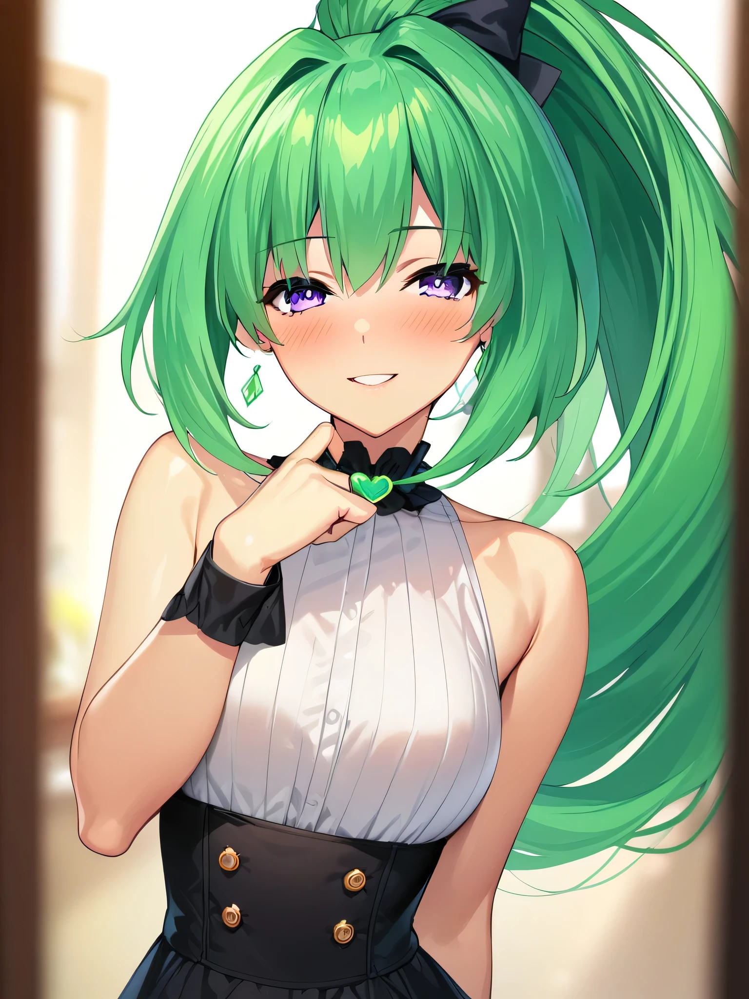 (masterpiece),(best quality),(ultra-detailed),(best illustration),(best shadow),(absurdres),(detailed background),(very aesthetic),  green heart, dressoutfit, green heart, casualoutfit, 1girl, green hair, symbol-shaped pupils, smile, solo, purple eyes, looking at viewer, long hair, power symbol, bare shoulders, ponytail, blush portrait, seductive grin