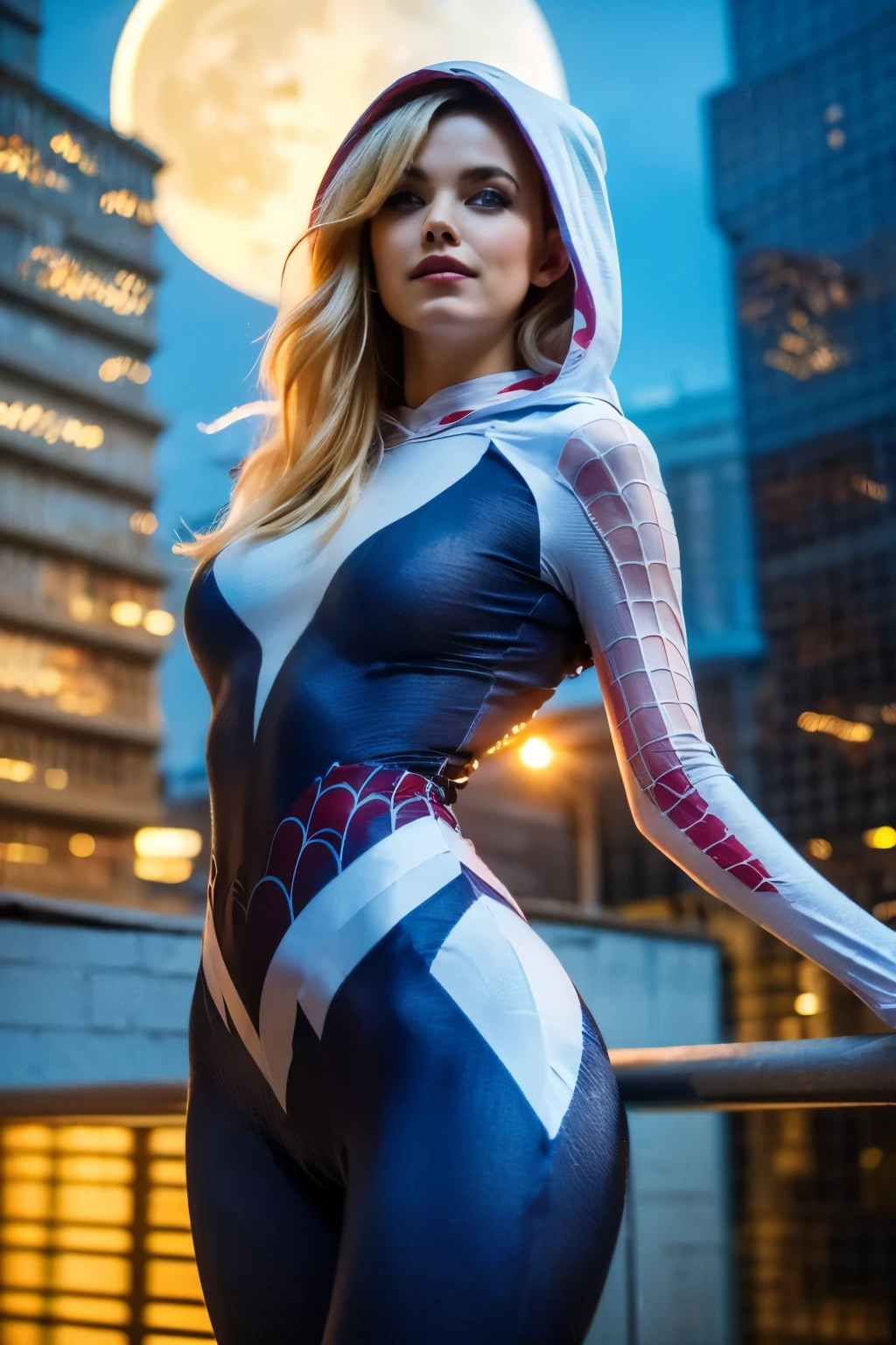 Photorealistic portrait of a 18 yo girl, wearing a Spider-Gwen suit with hood, hot Body, short blunt hair, blonde, beautiful face, ((over the building, in Dynamic pose)), rain, roof, masterpiece, intricate detail, perfect anatomy. Realistic, highly detailed, photo, 4K, UHD. Natural lighting. ((( New York night background, Full moon))).