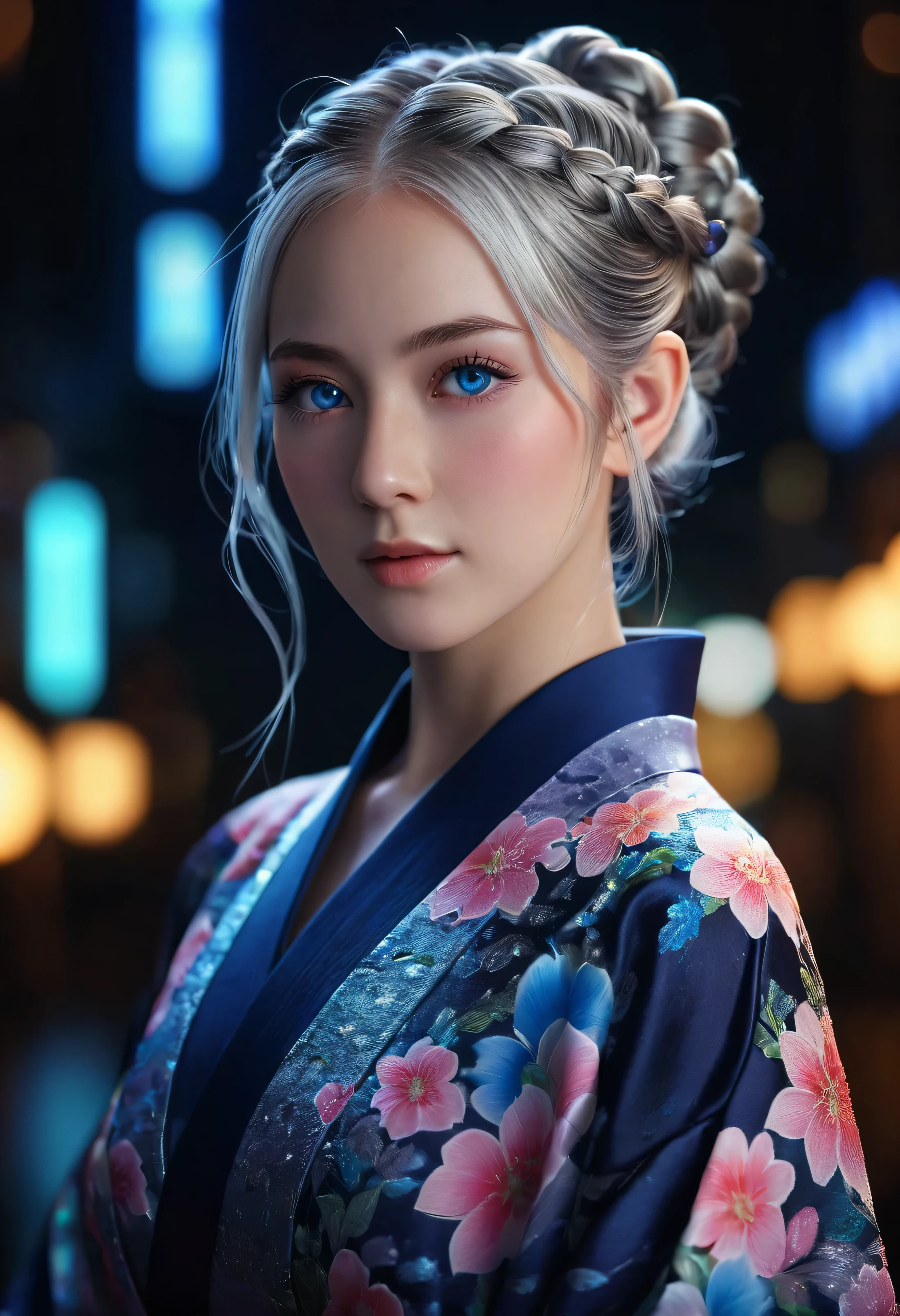 In this breathtakingly stunning 4K masterpiece, a single, ethereal female silhouette stands out against a dark background, her beautifully detailed face illuminated by neon lights and shimmering particles. Her long eyelashes frame her Highly detailed CG Unity 8k wallpaper, top quality, Super detailed, table top, realistic, photo-realistic, Highly detailed cute girl, 2, ,, whole body, ,big breasts,black eye,rubber dress She is a kimono model、Gorgeous floral patterned kimono、Silver hair braids、blue eyes、