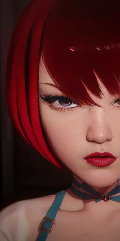 foreground , NSFW ,redhead girl, bobcut, extraordinary beauty and very detailed, eyes and eyeliner, gothic makeup full lips,single face high resolution image 12k 1 levels.2 high resolution 