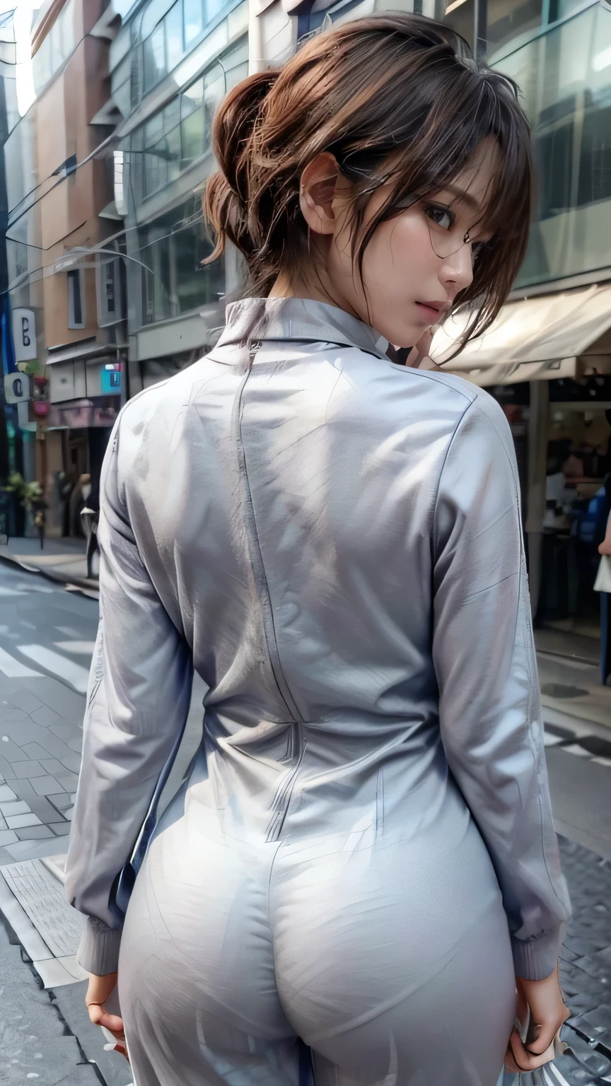 20-year-old women1people、Glasses、(Realistic、Like a photograph、Live Action、8k, Realistic, RAW Photos, Best image quality: 1.4), Single-lens reflex camera、RAW Photos, Highest quality, Realistic, Highly detailed CG Unity 8k wallpaper, Written boundary depth, Cinematic Light, Lens flare, Ray Tracing, Realistic background、((ultra high density skin))、Tight shiny jumpsuit、Walking the streets of Tokyo、(The whole body is visible:1.38)、、Shortcuts、View from behind