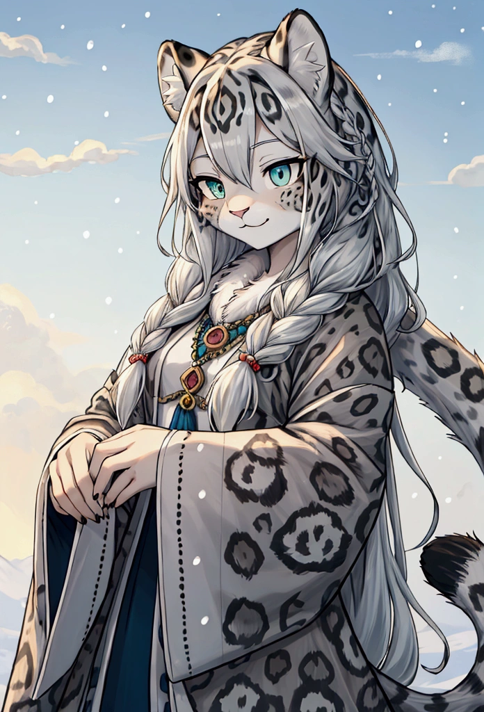 High resolution, top quality, best quality, Paid rewards available,, illustration, hairy, mammal,snow leopard personification，woman，whole body，tibetan style，Tibetan jewelry，Dark blue coat，white lining，清澈的Sky, movie lighting, Sky, sunny Sky,，grassland， horizon background,(Snow Leopard Fur:1.1,hairy質感:1.2), (Natural background:1.1,高地grassland:0.9), (Soft natural light:1.1), (Detailed facial features:1.1,expressive eyes:1.2), (calm and serene expression:1.1), (Flowing and layered clothing:1.1), (Gorgeous and intricate accessories:1.1), Fine hairs, exquisite eyes, anime style illustration, whole body 雪豹, Animal ears, Tail, Body hair, 1 名woman孩, whole body, 1 名woman孩, alone, long hair, white hair，Double braids , *//*, Green eyes, *//*, Dark blue Tibetan clothing，tibetan decoration，Determined eyes，hunter，Smile,