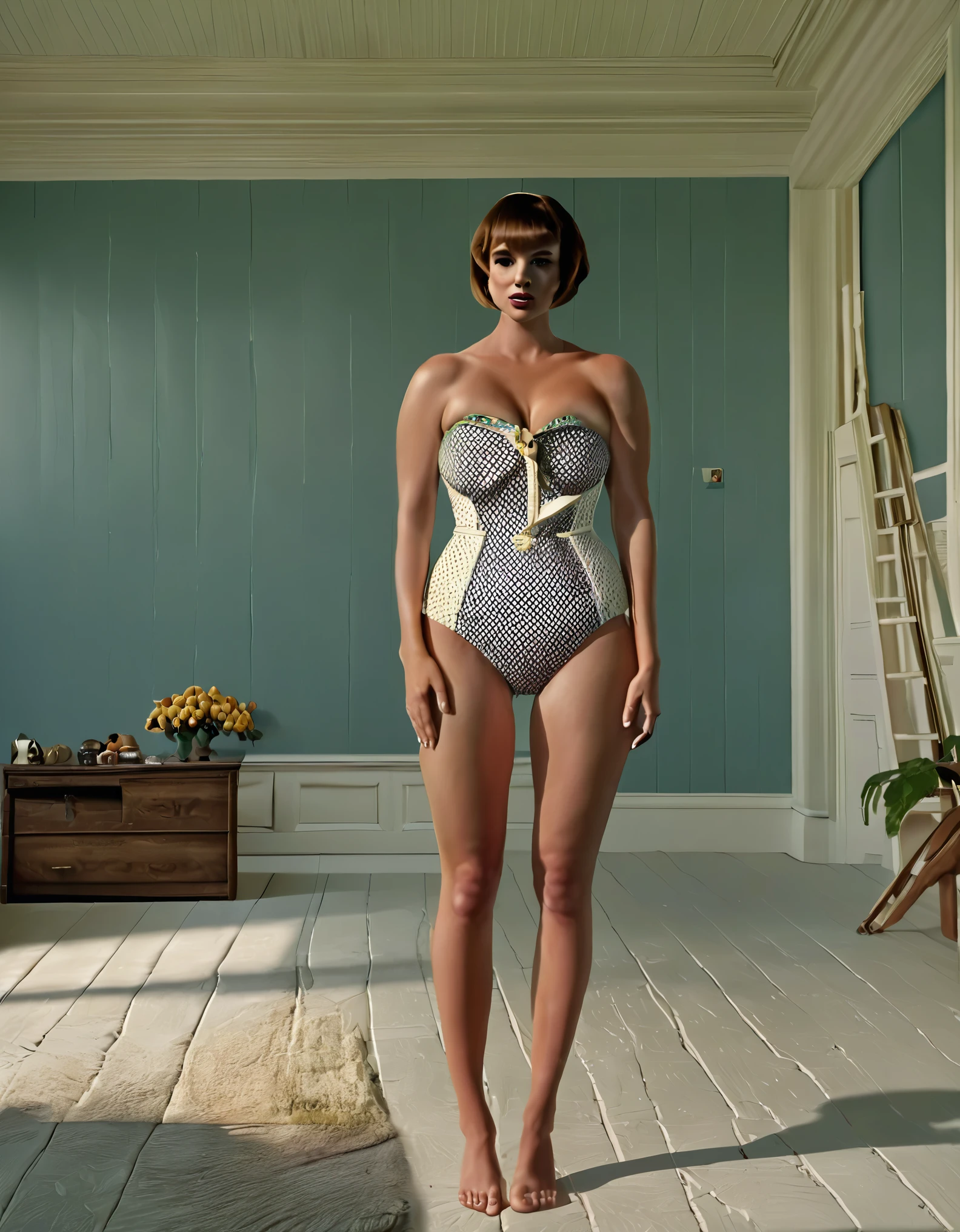 ((Best Quality)), ((Masterpiece)), ((Realistic)) ((Best Quality)), ((Masterpiece)) deadly, , large nose, (small chest, flat chested:1.2) (belly grab:1.2), heavy eyeshadow, short hair, great detail, detailed belly, arms crossed, pouting and angry, large wide lips, unique nose, eyes far apart, thick brown hair, freckles, tomboy, masterpiece, best quality, 1, , ((strapless one piece swimsuit)) pear shaped body, sexy, textured pixie haircut (three quarter view) (leaning on a wall background) 6 and a half heads full body, surprised, shocked, notice lines, trembling, bloated belly, swollen stomach