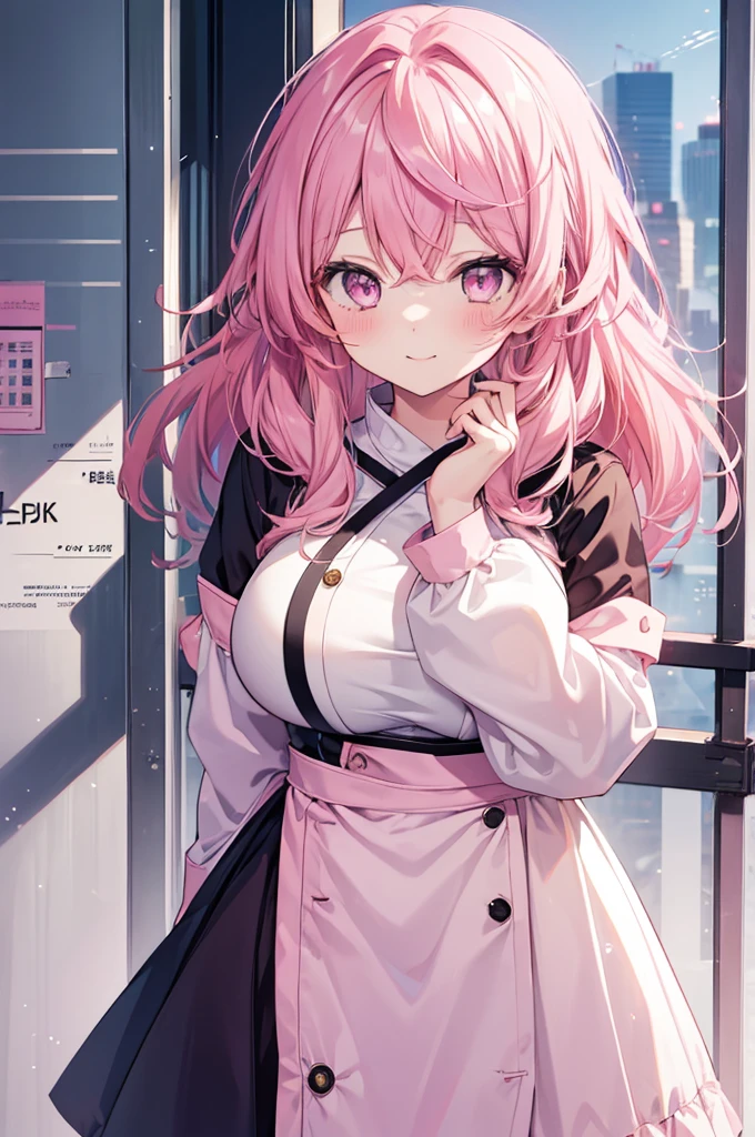 girl, cute anime girl, smile, pink hair, long hair, messy hair, pink eyes, blushing, girl, big tits, beautiful hair style, (((Best Quality: 1.4)))
