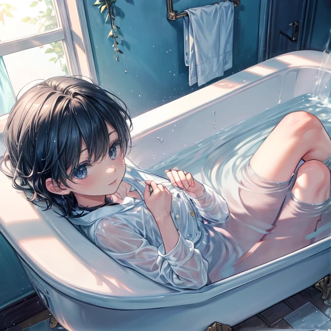 masterpiece:1.2, 8k, (Highest quality,Very detailed,Realistic:1.37),One Boy, Soft Light, bathroom,Boy taking a bath,Only one shirt on,Clothes are open,Skin showing through a wet shirt,Shirt with all the buttons open,Long sleeve,Black Hair,Blue Eyes,Crystal clear water,Beautiful crystals growing from the floor,I scattered freshly picked flowers in the bathtub.,Wet floor,Wavy,A fantastic atmosphere,Bright crystals,High resolution,超High resolution,The light shines through,The light shines on the boy, the rest is in shadow,Shadowed white wall,The white bathtub contrasts with the vibrant quartz.,Pay close attention to detail,Colorful bokeh background,An aura of serenity and peace,Perfectly captured the beauty of the unseen,Artistic and fascinating composition,A playful and whimsical atmosphere,Resort,Resortホテルの風呂,Calm and cozy atmosphere,Carefully hand-painted crystals,Perfect realism with just a little bit of the floor visible,The time is noon,The only furniture is a bathtub, a shower, and a window.,Moderate humidity.