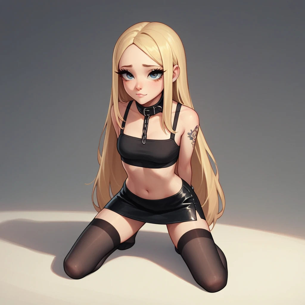 black pencil skirt, black long sleeve top, only the navel,Put your hands behind your back,restraints, blonde hair, Very long hair, straight hair, Cute, slender body, thin legs, Black thigh high stockings, Nylon stockings, hands in black leather handcuffs, hands, connected in a chain, amrs togather, masochistic, whole body, on the knees, leather handcuffs, tattoo on the legs, large collar around the neck, 18 years, long eyelashes, mascara, cute face, bent over, top down bottom up, arms behind back, kneeling, submissive look 