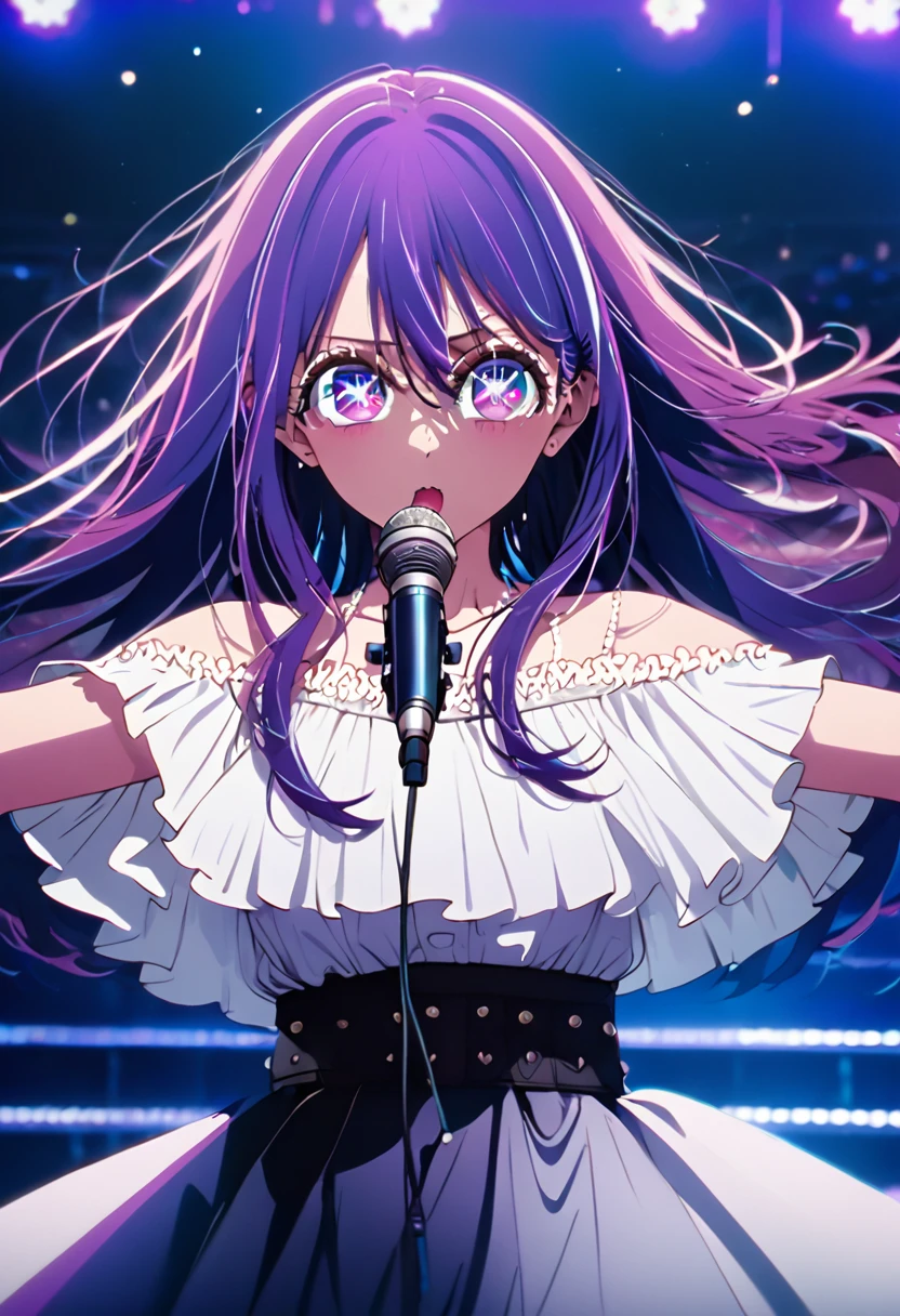 Long hair、 (PURPLE eyes:1.5), Stars in your eyes、PURPLE hair, Idol、microphone,Live Stage、singing、(Small breast:1.2), BREAK looking at viewer, BREAK outside, BREAK (masterpiece:1.2), best quality, high resolution, unity 8k wallpaper, (illustration:0.8), (beautiful detailed eyes:1.6), extremely detailed face, perfect lighting, extremely detailed CG, (perfect hands, perfect anatomy),Dynamic、whole body、Angle from below、