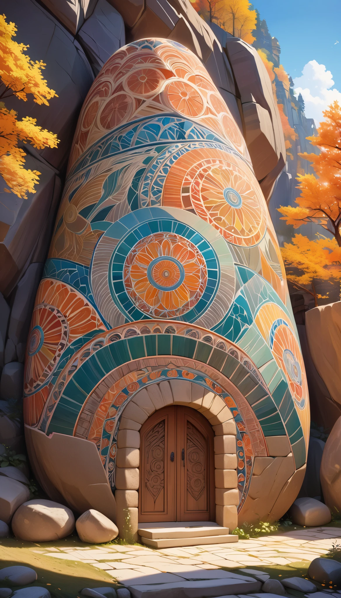 A house carved out of an absurdly huge boulder, Detailed and aesthetic engraving techniques, Delicate and intricate patterns, Vibrant colors of the mural, An ancient structure built from a single stone, ARW