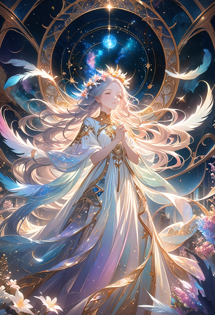 (Highest quality)This image is like a dream,Celestial, Calm expression, long flowing hair, White dress with gold and floral decoration, Flower crown and feather accessories, Natural and mysterious pose, A gently raised hand, Look up, Glowing Skin, Complex fantasy background, Mechanical and astronomical elements, Soft and warm lighting, Dreamy and magical atmosphere, Side Angle, Balanced Exposure, Sharp focus on characters, Deep writing depth, No Motion Blur "In the realm of dreams and stars, an angelic figure adorned with flowers and feathers graces the Celestial tapestry with serene poise, Looking up into the shining universe."Pastel Color Palette; Light sources from various points create a bright atmosphere Context and Mood: Fascinating, Otherworldly, quiet, Mysterious photography techniques