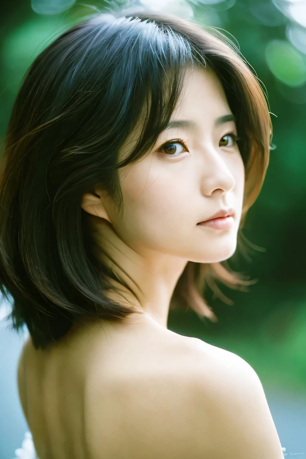 movie, film portrait photography, Hosomi Japanese woman, 30 years old, bare shoulders, wavy shoulder-length hair, calm, Calm, (realistic detailed eyes, natural skin texture, realistic facial details), soft and dramatic lighting, Depth of bounds written, Bokeh, vivid details, in detail, surreal, 35mm film, hazy blur, Facing forward