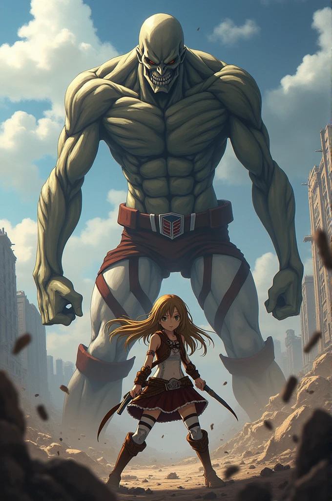 screenshot of Attack on Titan. Girl with long light brown hair and hazel eyes and in a battle pose against a titan 