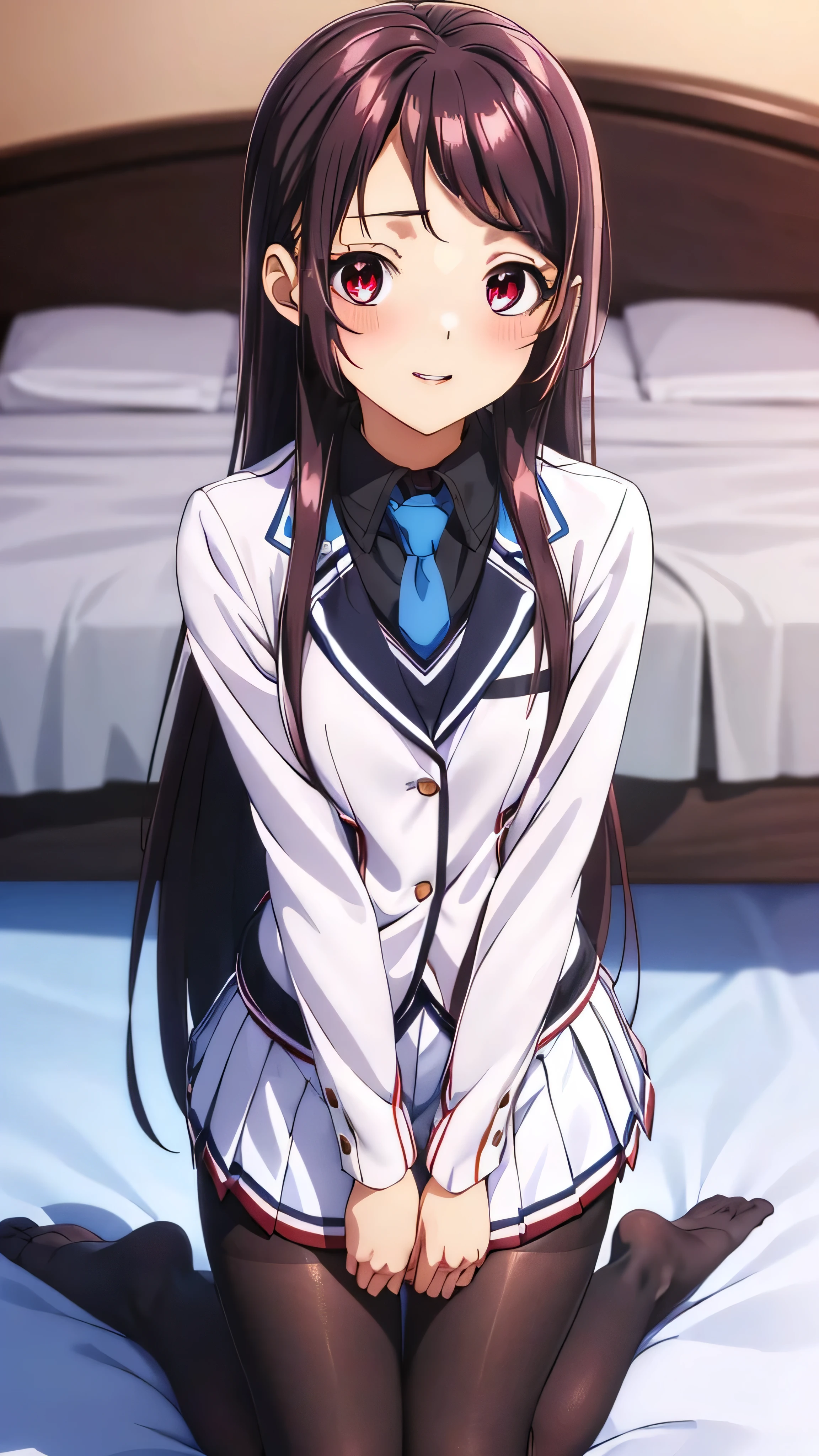 Show your armpits,Kaori Hojo, girl, (masterpiece: 1.1), (highest quality: 1.1), red eyes, long hair, cute smile, blush, parted lips,((school uniform), jacket, sleeve, tie, white skirt),  (pantyhose), bed room, ((Kneeling pose:1.2)), (dramatic angle:1.3), gravure,