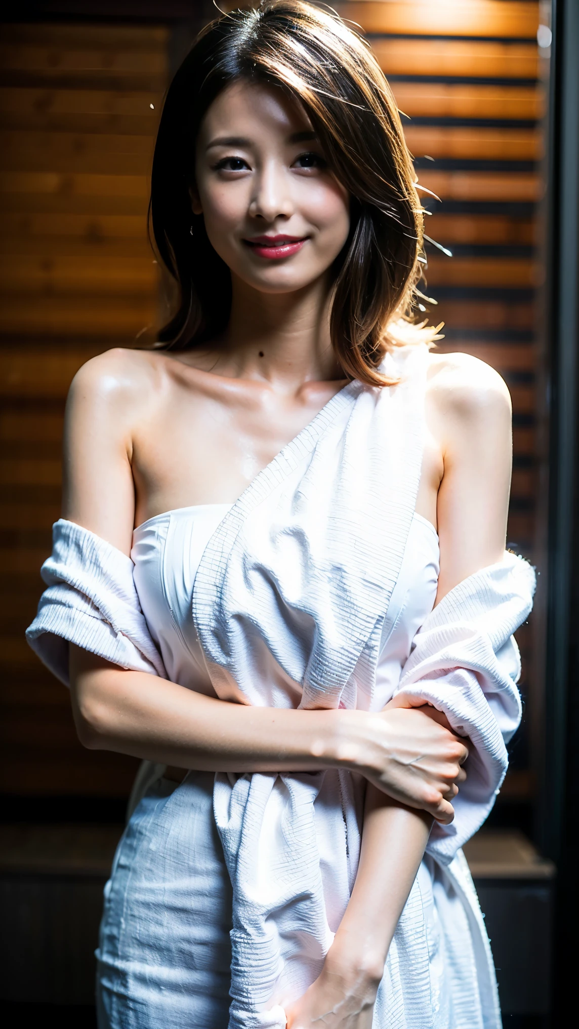 Sexiest towel wrap, She wraps herself in a towel after a shower, Different model poses, Attractive body, Professional photography, Perfect Face, Fine grain, Big Plans, In the sauna bath, session, Captivating looks
