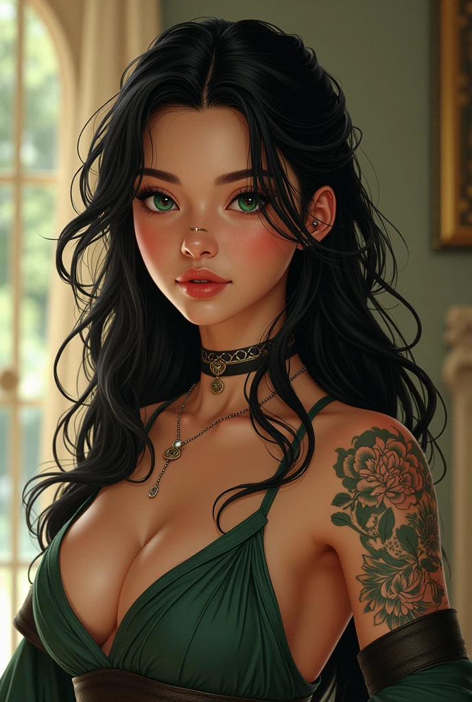 pencil Sketch of a beautiful mature woman 25 years old, with black hair, alluring, portrait by Charles Miano, ink drawing, illustrative art, soft lighting, detailed, more Flowing rhythm, elegant, low contrast, add soft blur with thin line, red lipstick, green eyes. 