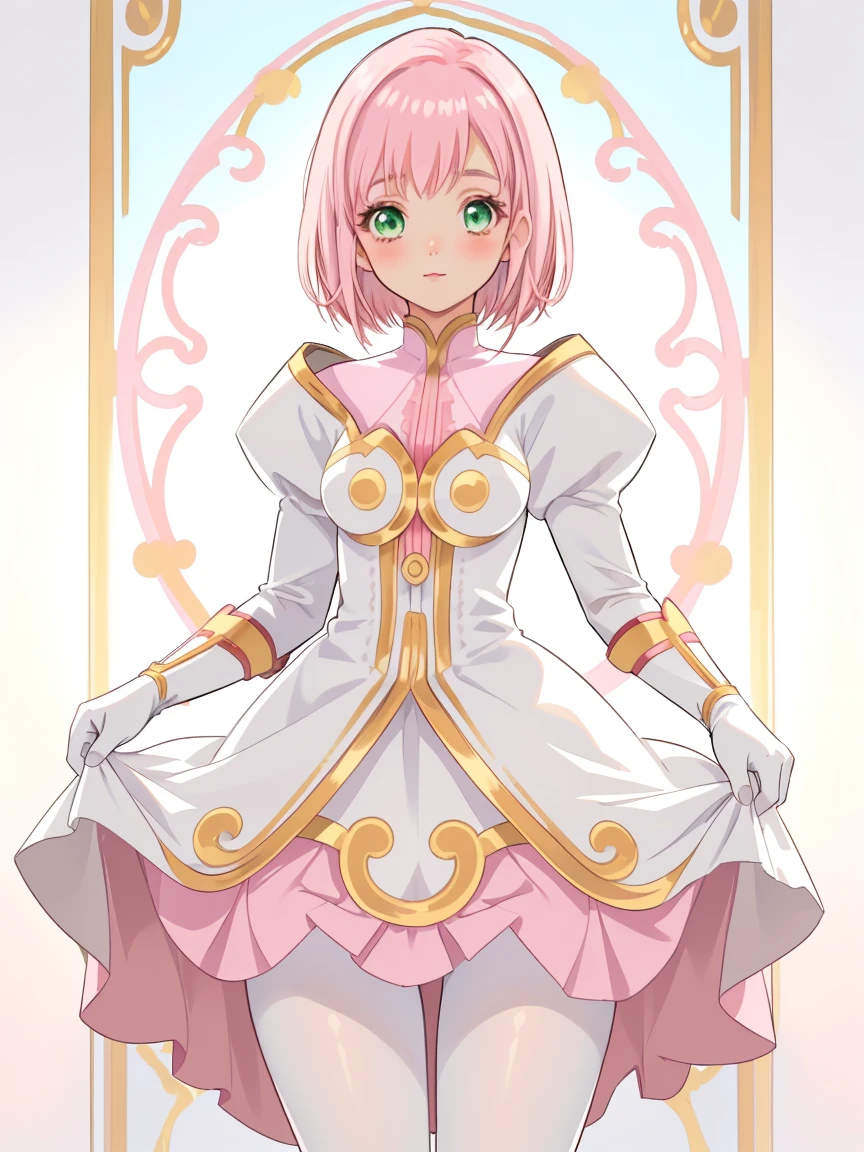 masterpiece, Highest quality, alone, One Girl,Estellise Sidos Heurassein, Pink Hair, short hair, Green Eyes, Small breasts, White and pink dress, Glamorous Dress, Pink collar, Pink Skirt, White boots, White gloves, (Black Pantyhose, Black legwear:1.1)whole body, Little:5, cute, (Beautifully detailed face), (Beautiful attention to detail), (Beautiful detailed hair), mini skirt, (skirt lifted by self:1.2), pov