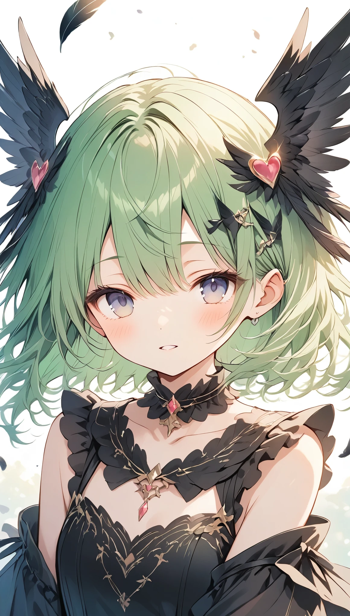 vector art、Green Hair、cuteFallen Angel Costume、((Fallen Angel)),Tattered Black Feather,Black feather hairpin,((Slanted Eyes)),tooth,cute,black feathers scatter,Beautiful background