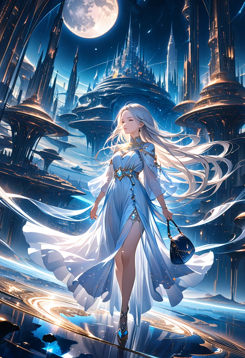 （Highest quality）Mysterious, Long, flowing straight hair, An exquisite light blue and white dress, Intricately decorated, Celestial Accessories, Gentle bag, Floating gracefully, Looking into the distance, Fair and smooth skin, Sci-fi fantasy cityscape background, planet, moon, And the stars, A bright light comes from the left, The soft shadows create a mysterious atmosphere., Overall magical、Otherworldly atmosphere, Wide-angle view, Deep depth of field for capturing vast landscapes, Shoot with good exposure for both bright and dark areas, No Motion Blur, Appears to have been created using digital art or illustration tools.