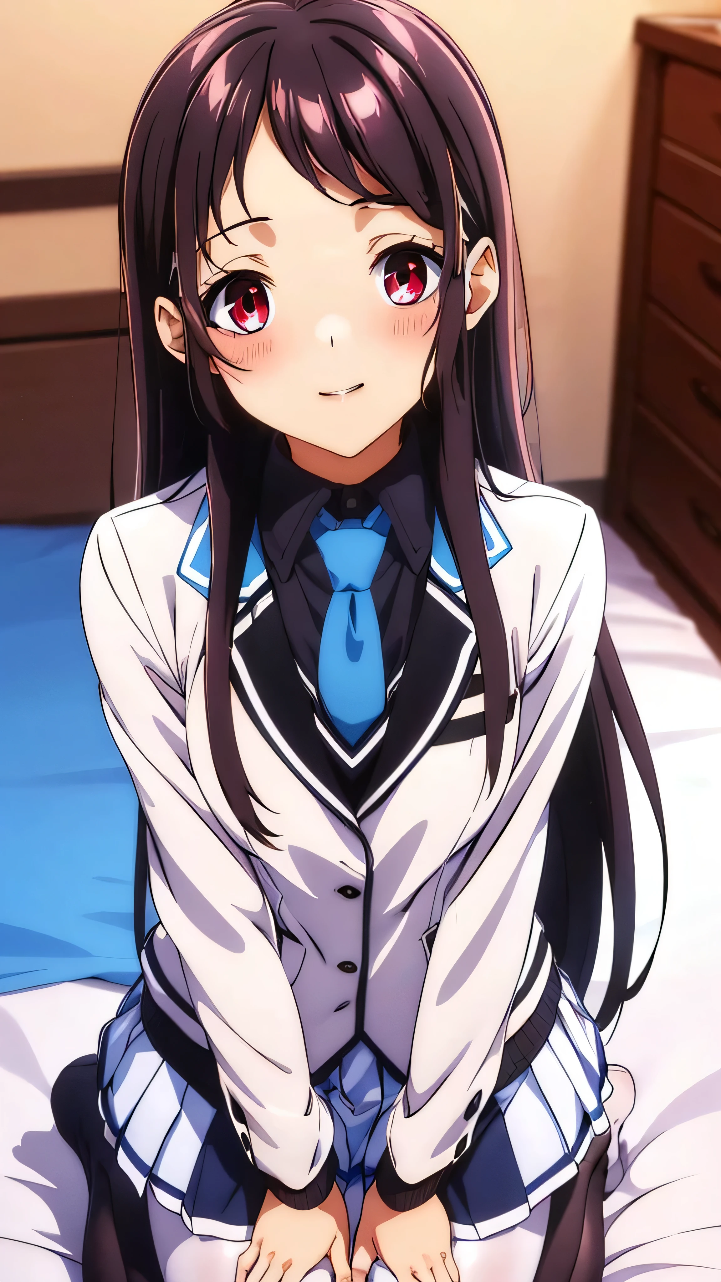 Show your armpits,Kaori Hojo, girl, (masterpiece: 1.1), (highest quality: 1.1), red eyes, long hair, cute smile, blush, parted lips,((school uniform), jacket, sleeve, tie, white skirt),  (pantyhose), bed room, ((Kneeling pose:1.2)), (close-up:1.2), gravure,