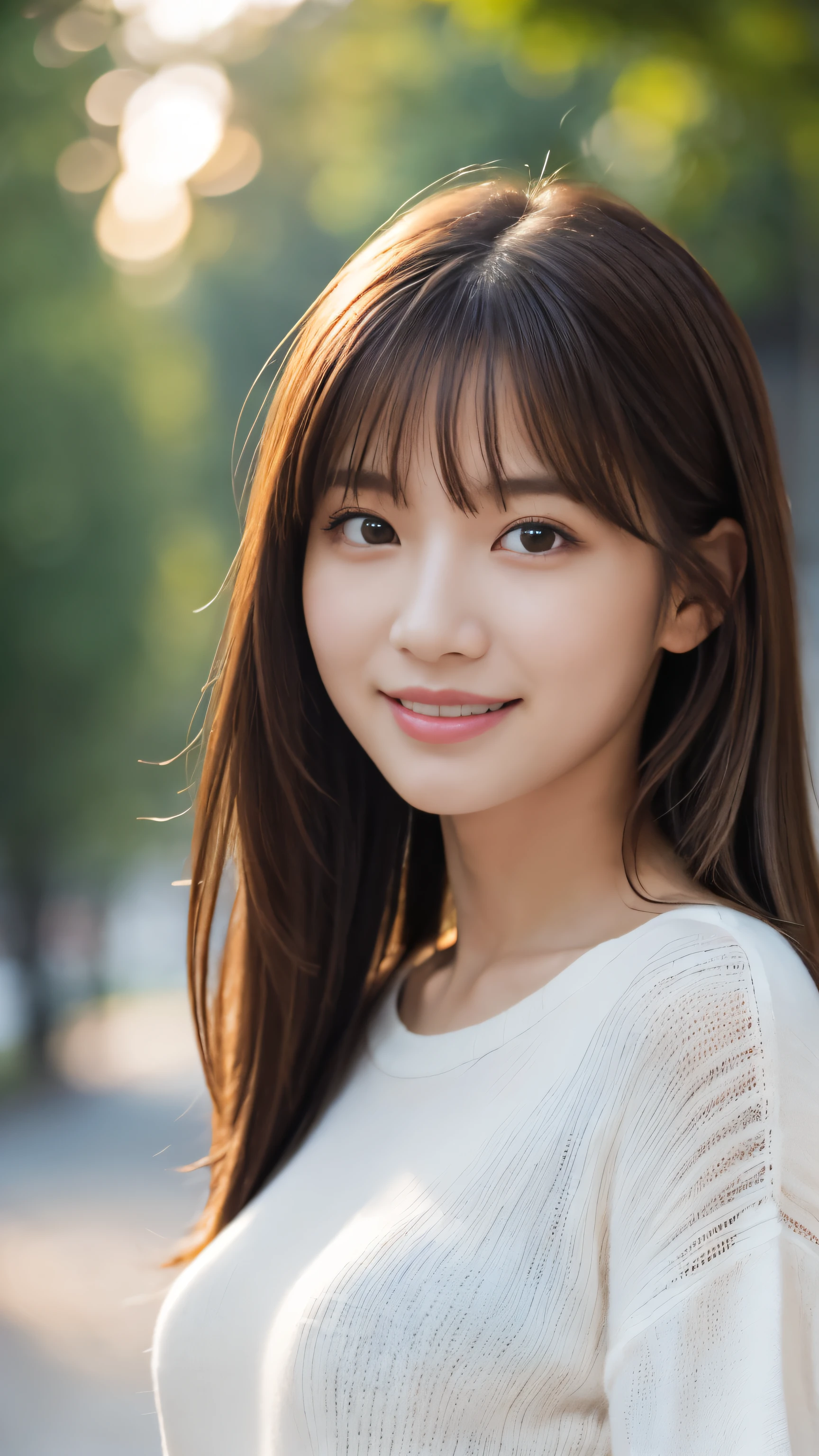 masterpiece, best quality, ultra high res, ultra detailed, sharp focus, 1girl, solo, a stunning pretty and beautiful Japanese sexy model, 19yo, looking at viewer:1.3, (bright smile:0.6), wearing a (blouse), dusk, sunset, night, realistic, Slender, (standing:1.1), (looking at the viewer:1.3), sexy gaze, blush, (upper body shot:1.6), medium hair, messy hair, asymmetrical bangs, light brown hair, messy hair style, ((Pure white camisole、Hands behind head、smile:1.8、Light clothing))、((naked:1.5、Nipples are erect:1.2、Shortcuts:1.5、ponytail:1.5、Hands behind head:1.5、Knit shirt))