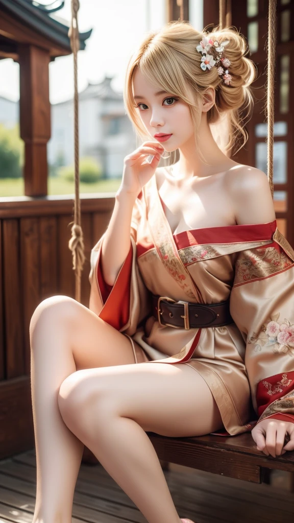 whole body, Shot from random angles, Chinese Beauty, Random Scenes, group photo, elegant, dignified, Slim, Slim waist, curls, Period clothing, Hanfu, Tang Suit, Off-shoulder, Chinese, Floral, pattern, High waist, Beautiful belt, warm light, Warm colors slender legs, night, moonlight, Sitting on a swing, swing, warm light, Warm colors, Dynamic poses, elegant posture, blond hair, Striped hair, Hair accessories, Heart-shaped pupil, cosmetic, A faint smile, Shy, Licking lips, Social realism, Chiaroscuro, Motion Blur, comfort, Sony FE GM, Ultra HD, masterpiece, Textured Skin, Super Detail, Best quality