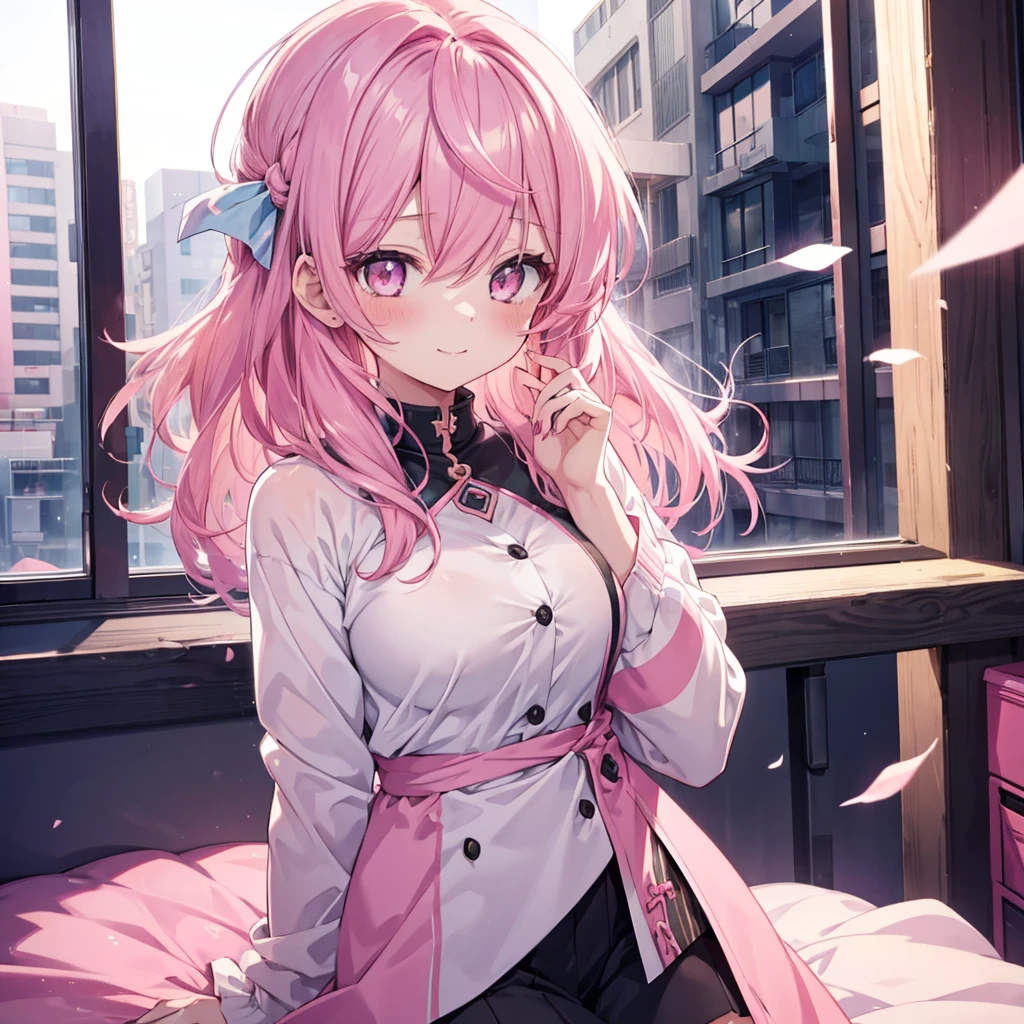 girl, cute anime girl, smile, pink hair, long hair, messy hair, pink eyes, blushing, girl, big tits, beautiful hair style, (((Best Quality: 1.4)))
