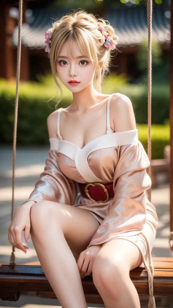 whole body, Shot from random angles, Chinese Beauty, Random Scenes, group photo, elegant, dignified, Slim, Slim waist, curls, Period clothing, Hanfu, Tang Suit, Off-shoulder, Chinese, Floral, pattern, High waist, Beautiful belt, warm light, Warm colors slender legs, night, moonlight, Sitting on a swing, swing, warm light, Warm colors, Dynamic poses, elegant posture, blond hair, Striped hair, Hair accessories, Heart-shaped pupil, cosmetic, A faint smile, Shy, Licking lips, Social realism, Chiaroscuro, Motion Blur, comfort, Sony FE GM, Ultra HD, masterpiece, Textured Skin, Super Detail, Best quality