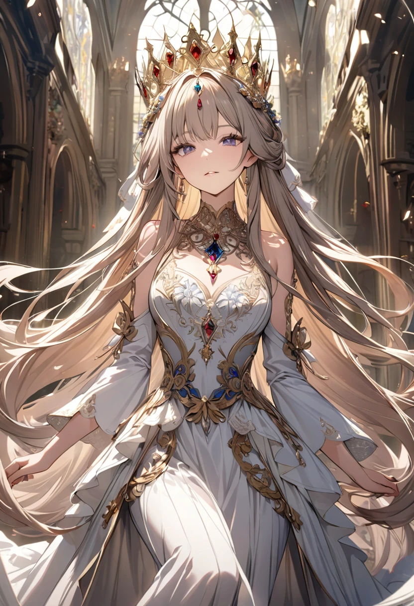 (Highest quality)Mysterious, long flowing hair, Elaborate crown, Exquisite floral and jewel details, Angel&#39;s wing, Intricate multi-layered dress, Soft blue and white hues, floating pose, mysterious gaze, Bright environment, Celestial sphere and constellations, Shining Light, Magical and serene atmosphere, Front view, Deep writing depth, Fascinating and otherworldly sights