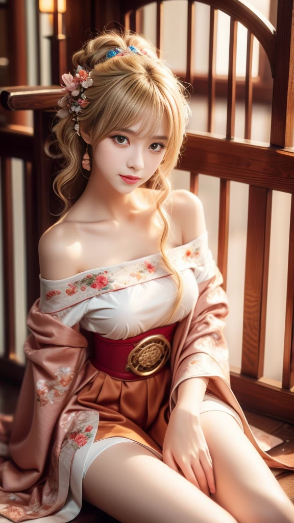 whole body, Shot from random angles, Chinese Beauty, Random Scenes, group photo, elegant, dignified, Slim, Slim waist, curls, Period clothing, Hanfu, Tang Suit, Off-shoulder, Chinese, Floral, pattern, High waist, Beautiful belt, warm light, Warm colors slender legs, night, moonlight, Sitting on a swing, swing, warm light, Warm colors, Dynamic poses, elegant posture, blond hair, Striped hair, Hair accessories, Heart-shaped pupil, cosmetic, A faint smile, Shy, Licking lips, Social realism, Chiaroscuro, Motion Blur, comfort, Sony FE GM, Ultra HD, masterpiece, Textured Skin, Super Detail, Best quality