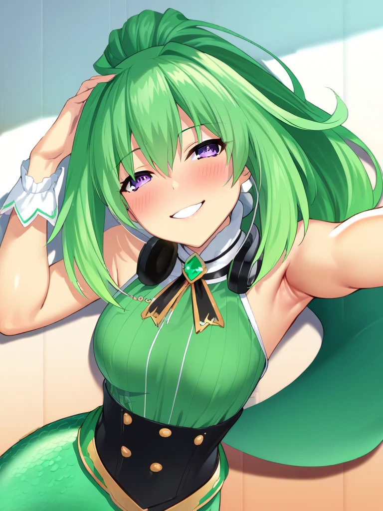 (masterpiece),(best quality),(ultra-detailed),(best illustration),(best shadow),(absurdres),(detailed background),(very aesthetic),  green heart, dressoutfit, green heart, casualoutfit, 1girl, green hair, symbol-shaped pupils, smile, solo, purple eyes, looking at viewer, long hair, power symbol, bare shoulders, ponytail, blush portrait, seductive grin, mermaid tail, bathub backgroung, Blush, Headphones, 