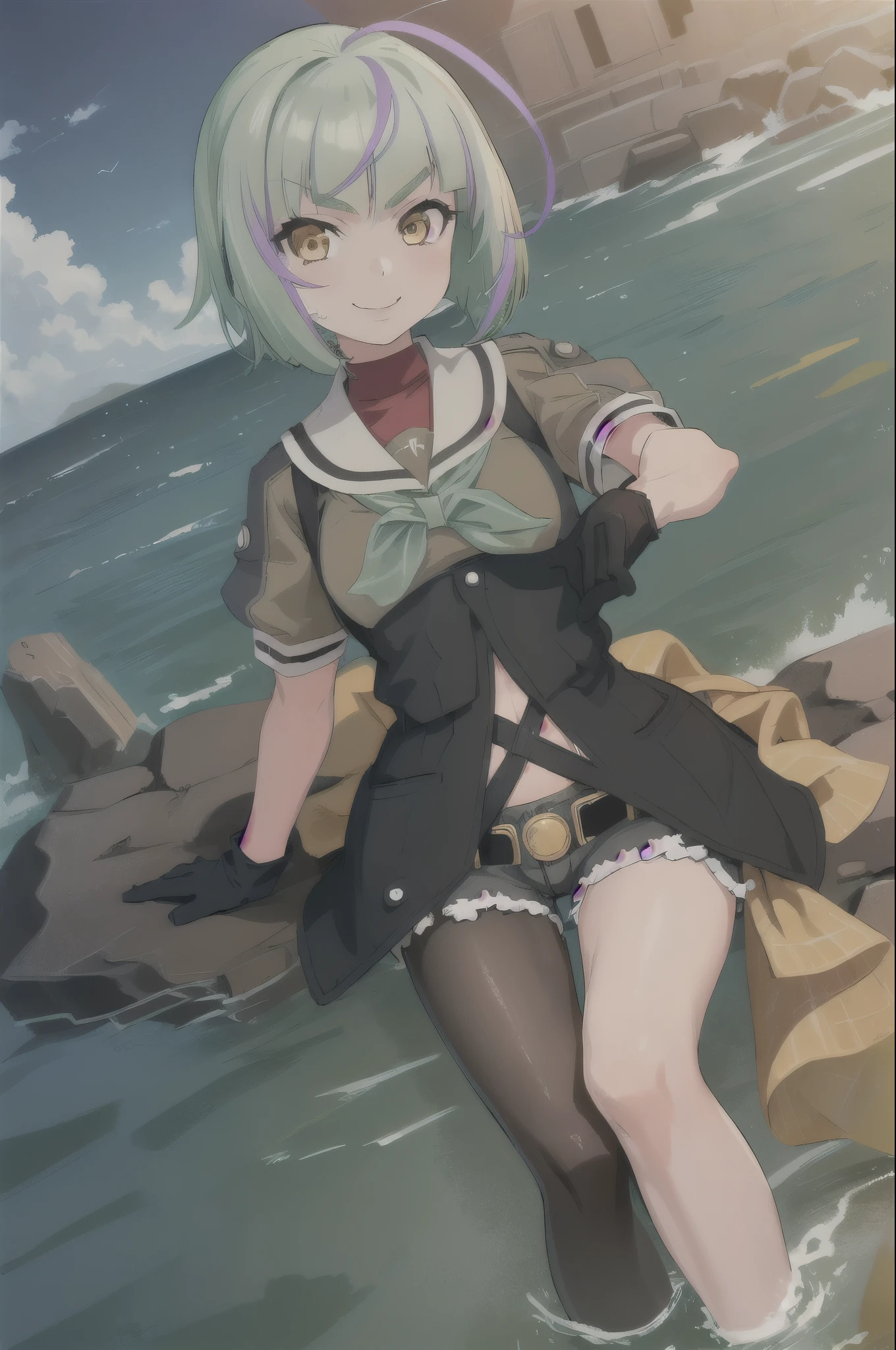 blush, outdoor, daytime, simple background, blue sky, rippled hair, sky, looking at the audience, loli, very cute expression, small short legs, avatar, barefoot, small curvy loli, swinging legs, lying on the ground, panties