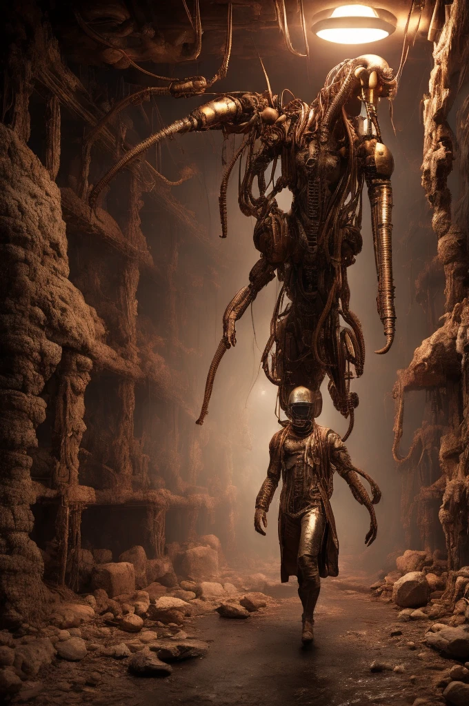 a humanoid figure made of silica and metallic oil, walking inside a cryo-chamber of a nostromo vessel, surreal, cinematic lighting, hyper-detailed, intricate machinery, complex architecture, moody atmosphere, dramatic composition, vibrant colors, shimmering materials, masterpiece, photorealistic, 8k, cinematic, chiaroscuro lighting, dramatic lighting, noir photography, rust, bronze, metallic oil colour, cinematic professional photography prodution, studio professional lighting, morbid, intricate details, Hugh syme style, artstation, michal karcz style 