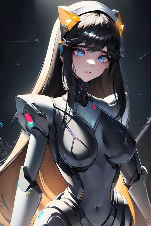 (masterpiece),(Highest quality),(Super detailed),(Best illustrations),(Best Shadow),(Absurd),(Detailed Background),(so beautiful), 16K, 8K, 4K,(Best Shadow),empty eyes,robotization,woman ,big bust,Robot Joint ,Metal skin,Black Suit,long hair,a black suit that covers the whole body,robot hand,cyber bodysuit,metal cat ear,cyber rapunzel(nikke),cyber nun,fuul robot body(no human everything)