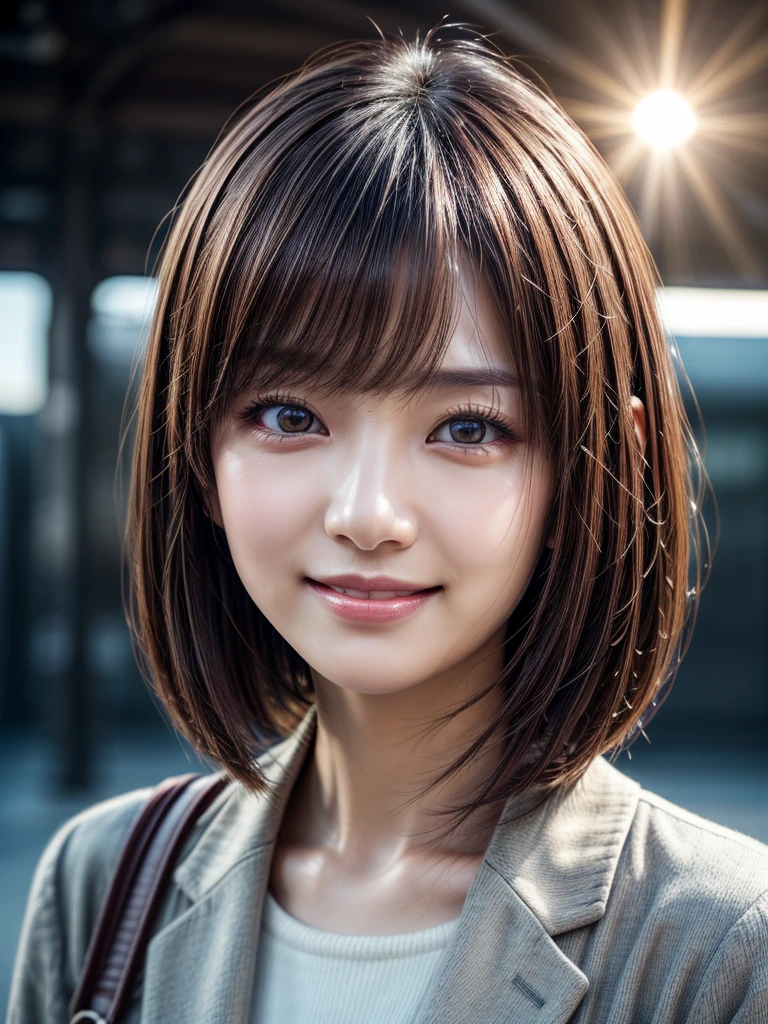 best quality, super detail, super detail, detailed beautiful eyes, textured skin, 8k, Cinema Lighting, (Station platform, noon, Light of the sun), 1 person, Beautiful Japanese Woman, 30 years old, brown hair, straight bob hair, thin hair, Narrow eyes:1.5, (smile:1.3), (Tilt your head)