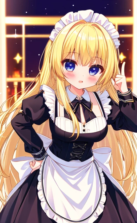 Beautiful long blonde　Embarrassing　Girl in black maid outfit　Long sleeve　Long skirt　Small breasts　living　full body　peeing self　Tears are overflowing from the eyes　Stand with your legs apart