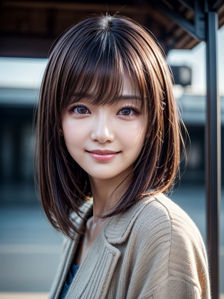 best quality, super detail, super detail, detailed beautiful eyes, textured skin, 8k, Cinema Lighting, (Station platform, noon, Light of the sun), 1 person, Beautiful Japanese Woman, 30 years old, brown hair, straight bob hair, thin hair, Narrow eyes:1.5, (smile:1.3), (Tilt your head)