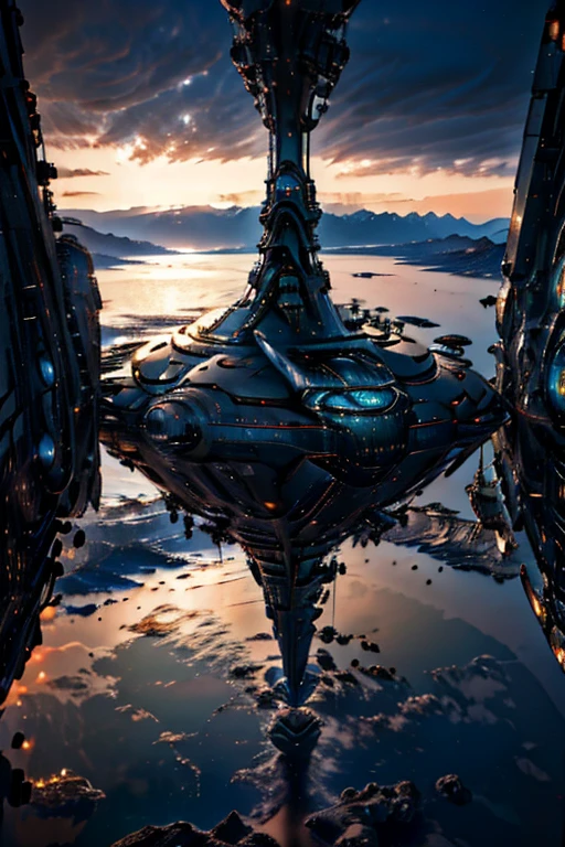 Super submarine-shaped spaceship hovering over a large lake, ultra detalhada, city in the distance, a nebula lighting up the sky, , black hole, sci-fi, bright coloured, 4K, deep space