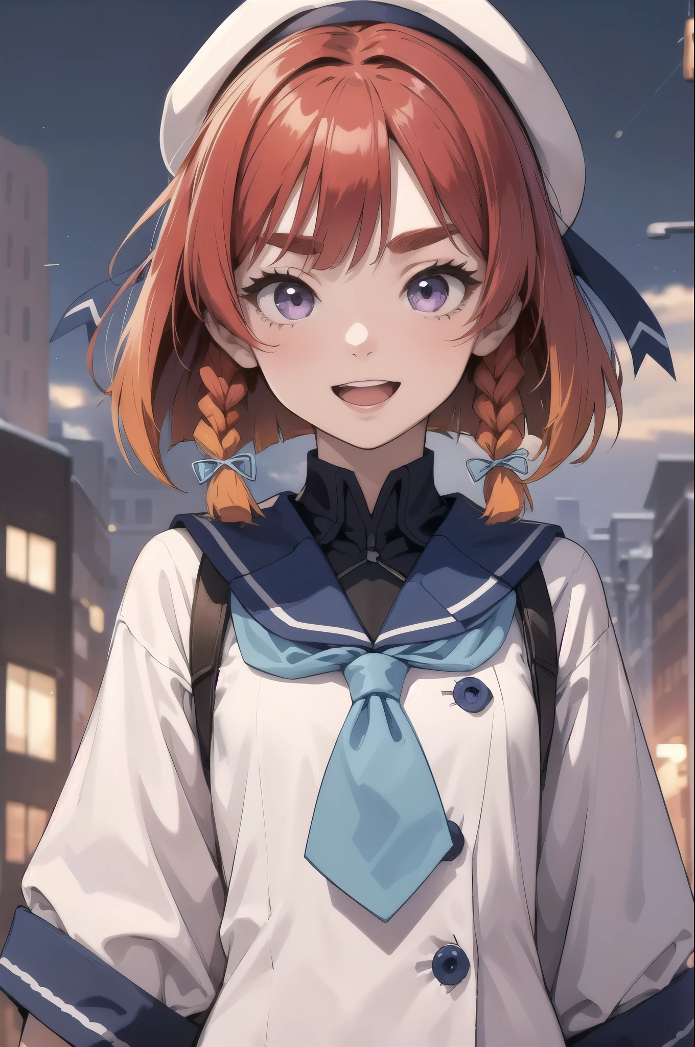 masterpiece, Highest quality,
One Girl, alone,
I had already finished, close, smile, Open your mouth,
Etorofu \(Fleet Collection\), short hair, Redhead, Bobcut, Twin Blade, Thick eyebrows, Purple eyes, Side braid, Twin Blade, , flat_chest,
, Seraphim, White Hat, Blue neckerchief, Blue Ribbon, Hair Ribbon,  White gloves,