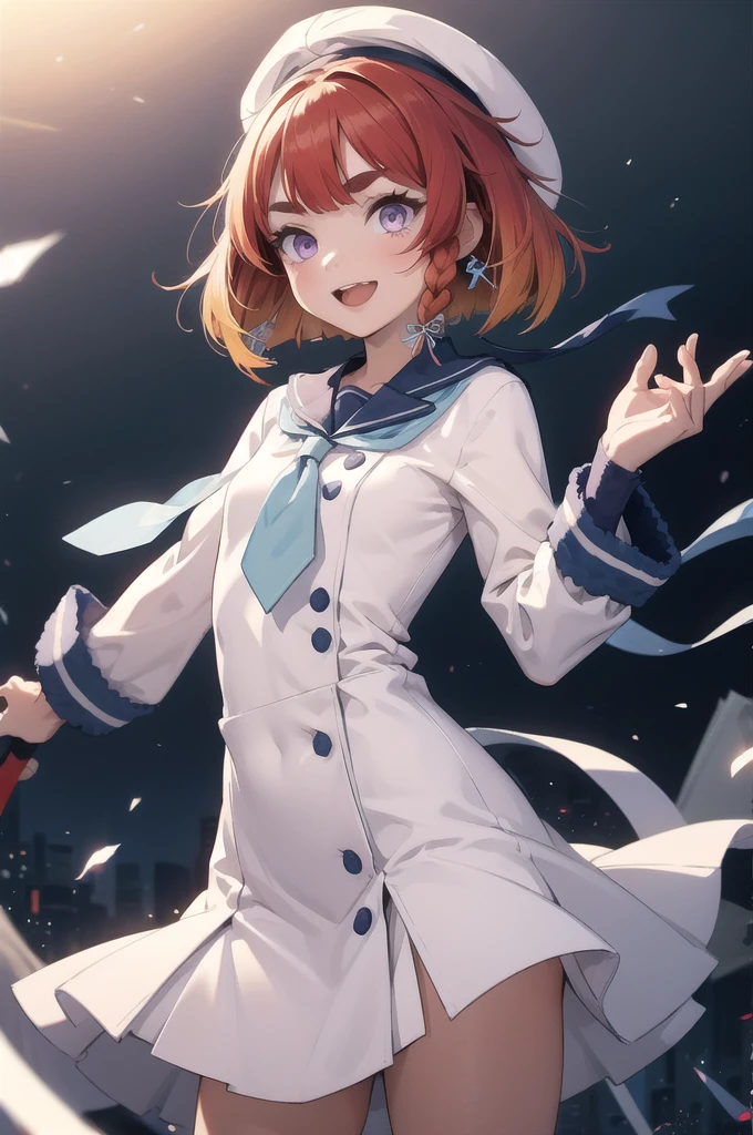 masterpiece, Highest quality,
One Girl, alone,
I had already finished, close, smile, Open your mouth,
Etorofu \(Fleet Collection\), short hair, Redhead, Bobcut, Twin Blade, Thick eyebrows, Purple eyes, Side braid, Twin Blade, , flat_chest,
, Seraphim, White Hat, Blue neckerchief, Blue Ribbon, Hair Ribbon,  White gloves,