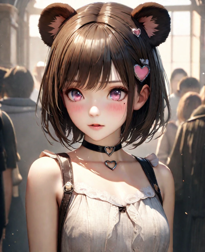 masterpiece, best quality, ultra detailed, high resolution, expensive resolution, HDR, 4k, 8K, Unity 8k wallpaper, ultra detailed CG, masterpiece, realistic, 2D, 3D, beautiful details, depth, fine texture, ultra fine: 1.3, perfect concentration, crispy skin, him, very cute anime girl, expensive short twin-tail hair with koala ears, one girl, solo, looking at the audience, brown short twin-tail hair, high, mole under eye, gaze, expensive, blush, open lips, hair ornament, pink eyes, heart-shaped choker