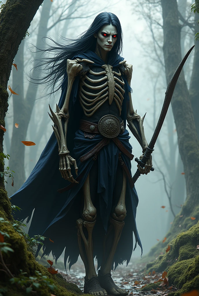 Skeleton of a warrior king, Standing, He wore a strange armor made of tree bark, rope and leather. Long boots made of leaves, He wears a crown made of branches and leaves. He was the king of the forest. 3D effect, ultra-detailed, intricate, insanely full HD 