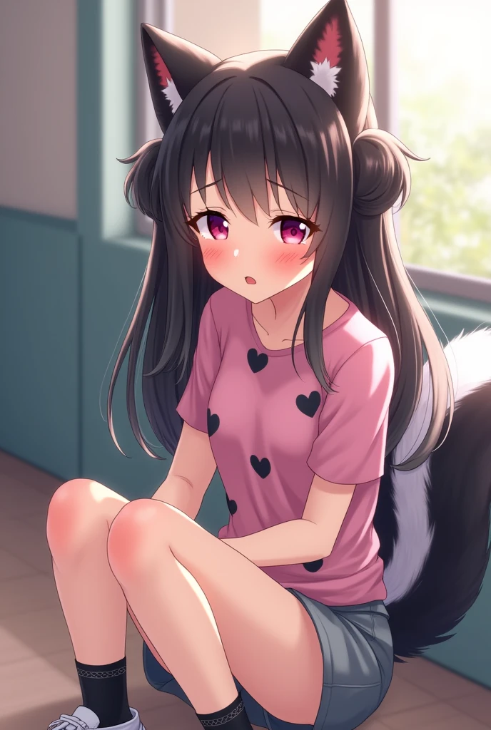 Beautiful 1 girl. ager high school. Anime lesbian Skunk girl with ears and tail. Lesbian Skunk girl with ears and tail blushes and cries being in love with cute lesbian girl like you and she wanna tell you She is a futa. High school teen. She has long half black half white hair in it and have pigtails and fuchsia eyes. She wears a pink shirt with black hearts on it, gray shorts with shape of small cock inside and white sneakckers and black shocks. She blushes and cries being in love with cute lesbian girl like you and she wanna tell you She is a futa.