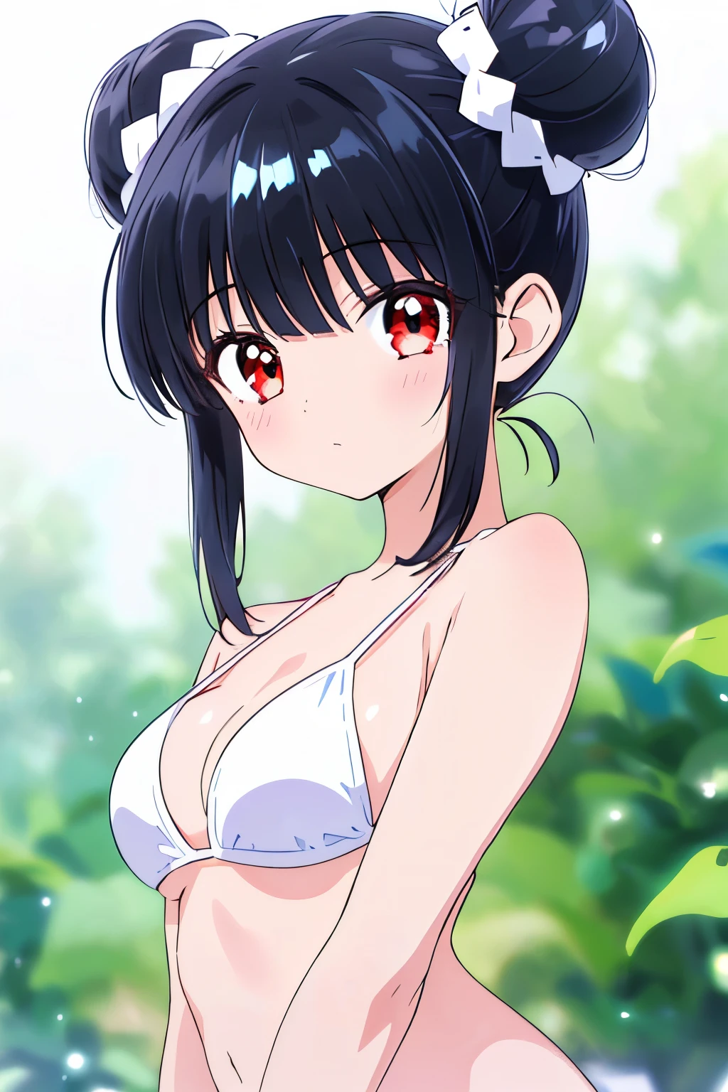 (1girl:1.2),(puff out cheeks:1.2),
red eyes,(slanted eyes:1.2),
(Teen:1.1),
 (medium breasts:1.1),
(white bikini:1.3,barefoot,naked:1.2),
(shiny pitch black hair:1.3),(A loose, fluffy,single Top knot),

upper body,

best quality,Highly detailed,sharp focus,masterpiece, vibrant colors,natural expression,
